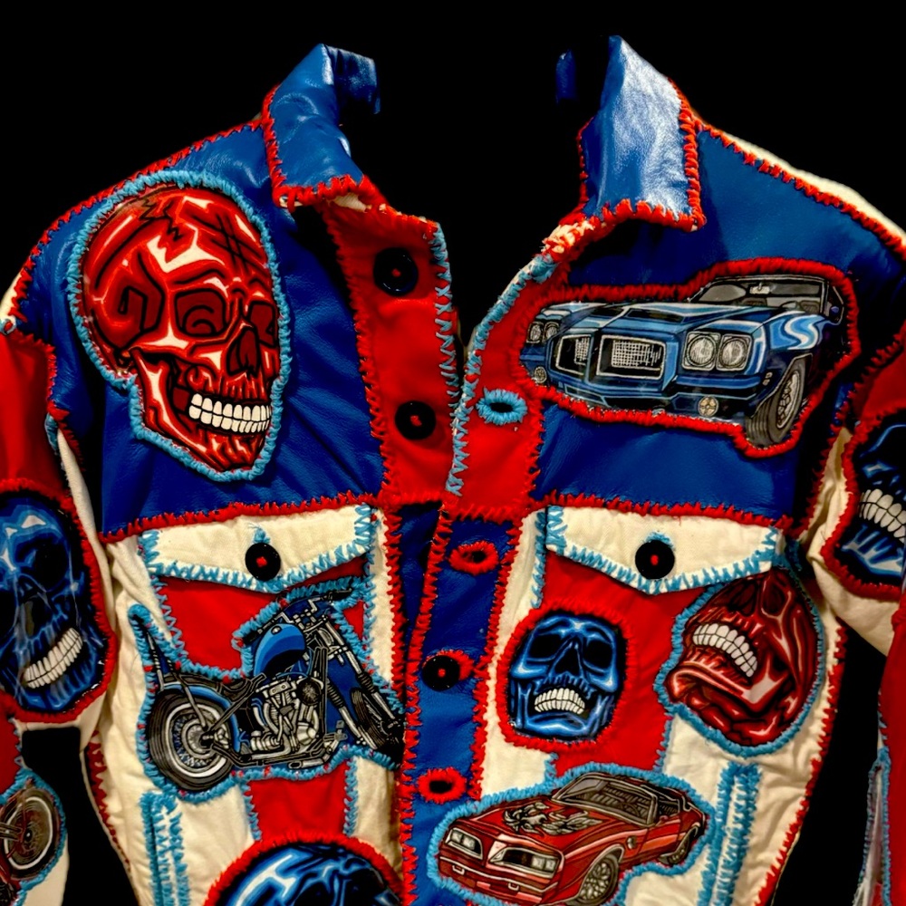 Handmade hand Painted Bomber Jacket Vibrant Red & Blue. By Schwas Leatherwork
